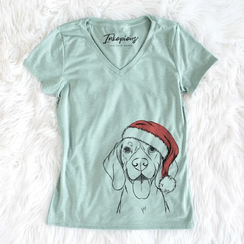 Santa Bogie the Beagle - Women's V-neck Shirt-- Houndstooth Herringbone Solid