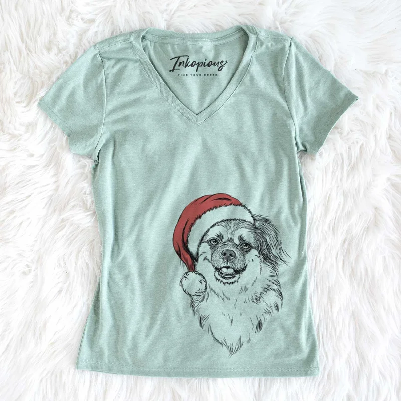 Santa Ed the Tibetan Spaniel - Women's V-neck Shirt-- Solid Color Striped Floral