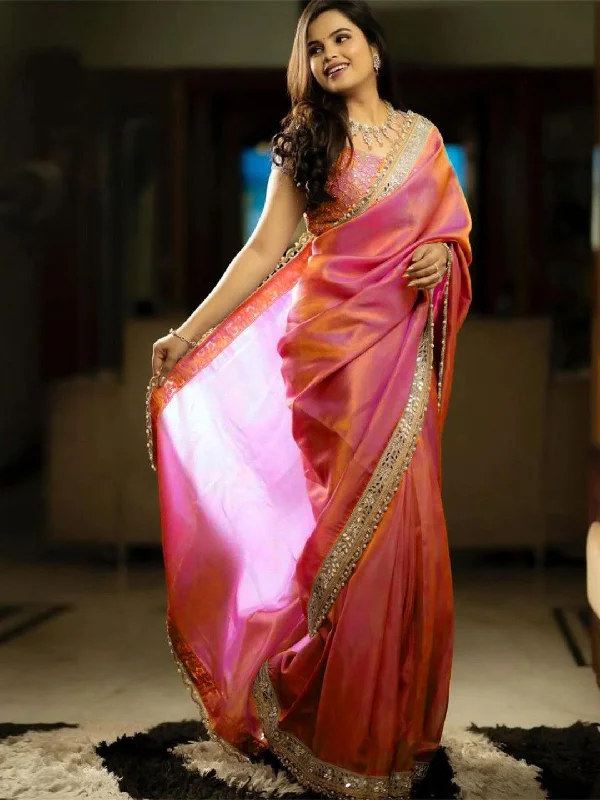 Women's Tissue Pink Embellished Designer Saree With Blouse Piece Stretchy Fitted Blouse Women's Tissue Pink Embellished Designer Saree With Blouse Piece Stretchy Fitted Blouse