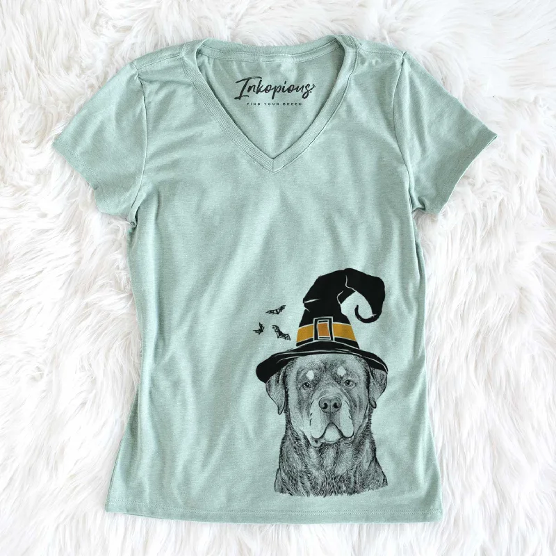 Witch Sarge the Rottweiler - Women's V-neck Shirt-- Fitted T-Shirt Seamless Stretchy Witch Sarge the Rottweiler - Women's V-neck Shirt-- Fitted T-Shirt Seamless Stretchy