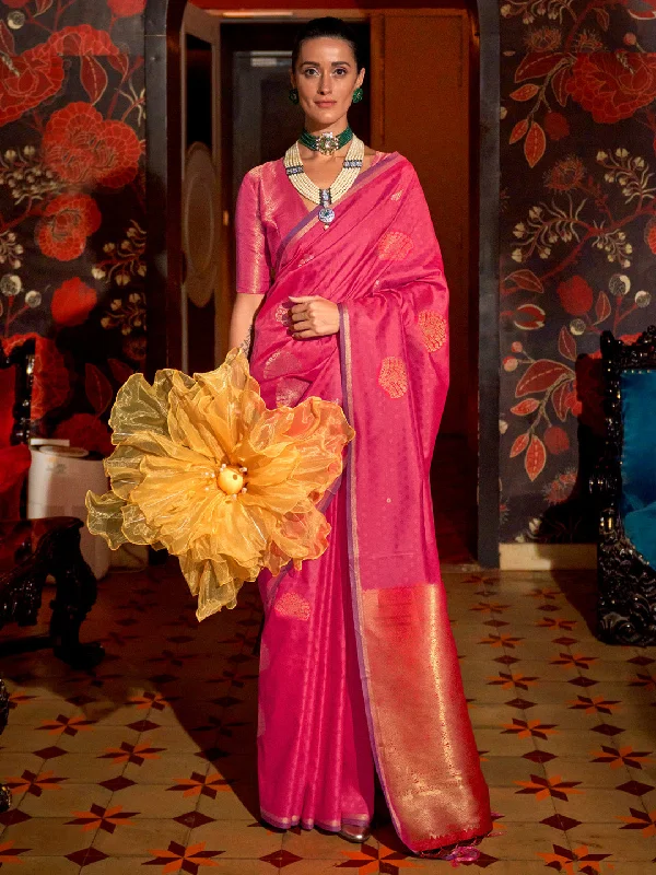 Women's Silk Blend Pink Woven Design Designer Saree With Blouse Piece Delicate Pleat Blouse Women's Silk Blend Pink Woven Design Designer Saree With Blouse Piece Delicate Pleat Blouse