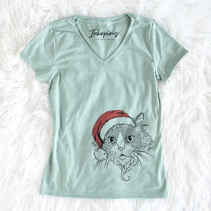 Santa Daniel the Ragdoll Cat - Women's V-neck Shirt-- Polka Dot Checkered Tartan