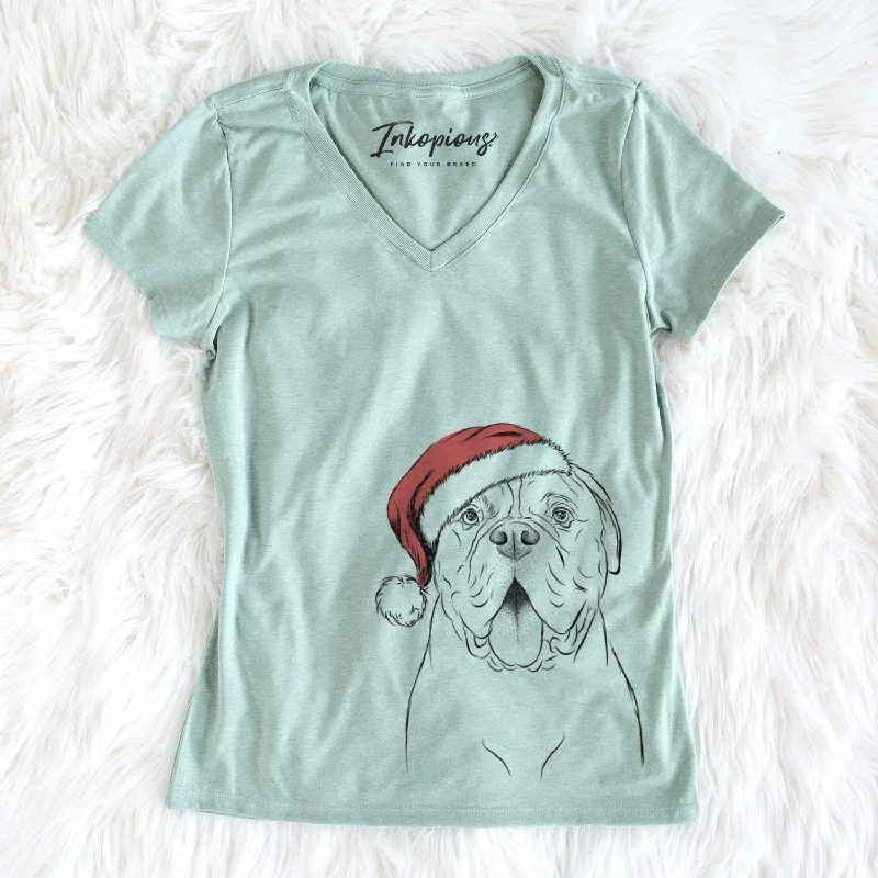 Santa Chief the Boxer Bulldog Mix - Women's V-neck Shirt-- Houndstooth Herringbone Solid Santa Chief the Boxer Bulldog Mix - Women's V-neck Shirt-- Houndstooth Herringbone Solid