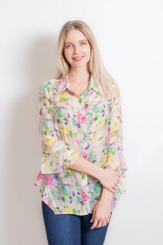 "Happy" Purple Floral Blouse Textured Cotton Blouse