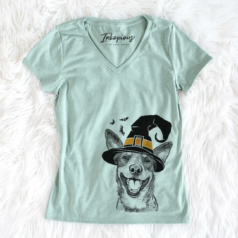 Witch Lily the Australian Cattle Dog - Women's V-neck Shirt-- Mesh Canvas Denim