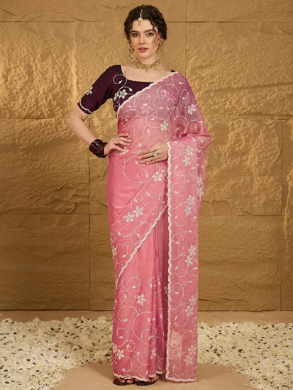 Women's Chiffon Pink Embroidered Designer Saree With Blouse Piece Casual Relaxed Blouse Women's Chiffon Pink Embroidered Designer Saree With Blouse Piece Casual Relaxed Blouse
