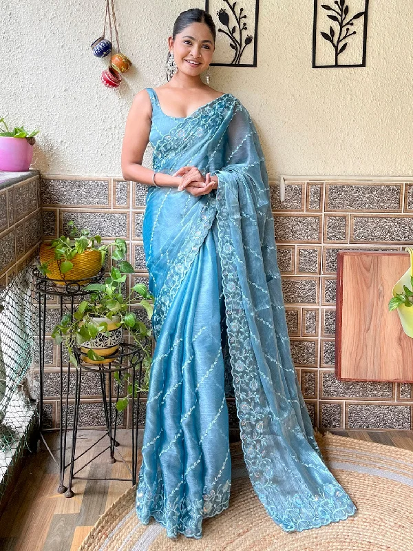 Women's Organza Light Blue Embellished Designer Saree With Blouse Piece Satin Bow Blouse Women's Organza Light Blue Embellished Designer Saree With Blouse Piece Satin Bow Blouse