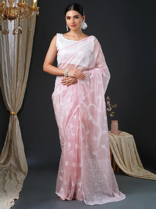 Women's Organza White Embroidered Designer Saree With Blouse Piece Backless Summer Blouse Women's Organza White Embroidered Designer Saree With Blouse Piece Backless Summer Blouse