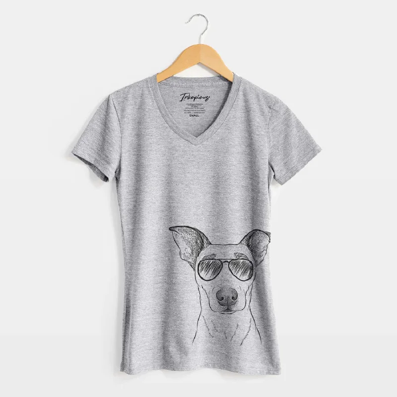 Aviator Georgie Rat the Terrier Mix - Women's V-neck Shirt-- Terry Blend Velvet Blend Canvas Blend Aviator Georgie Rat the Terrier Mix - Women's V-neck Shirt-- Terry Blend Velvet Blend Canvas Blend