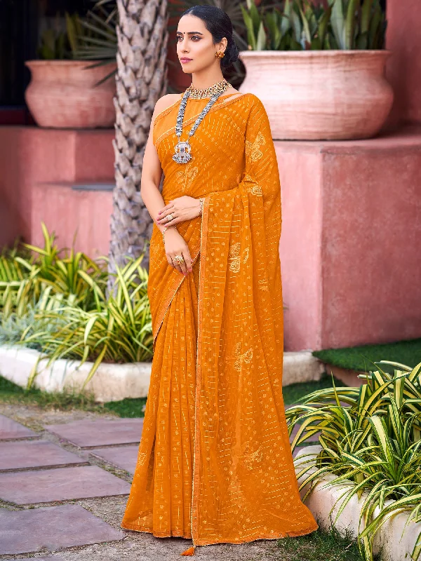 Women's Georgette Mustard Embellished Celebrity Saree With Blouse Piece Elegant Semi-Sheer Blouse Women's Georgette Mustard Embellished Celebrity Saree With Blouse Piece Elegant Semi-Sheer Blouse