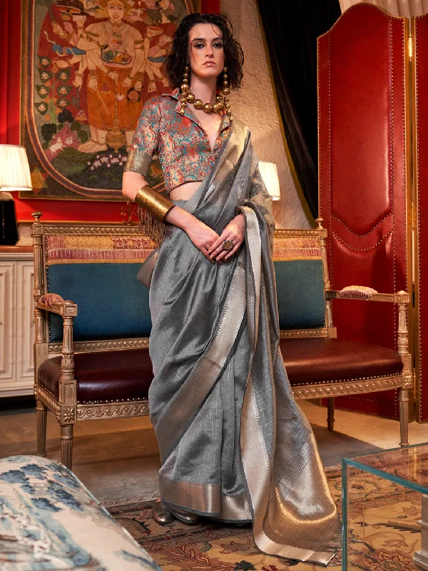 Women's Chiffon Grey Woven Design Designer Saree With Blouse Piece Stylish Wrap Blouse Women's Chiffon Grey Woven Design Designer Saree With Blouse Piece Stylish Wrap Blouse