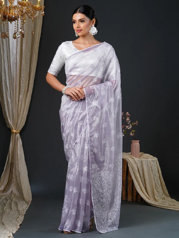 Women's Organza White Embroidered Designer Saree With Blouse Piece Frilled Cuff Blouse Women's Organza White Embroidered Designer Saree With Blouse Piece Frilled Cuff Blouse