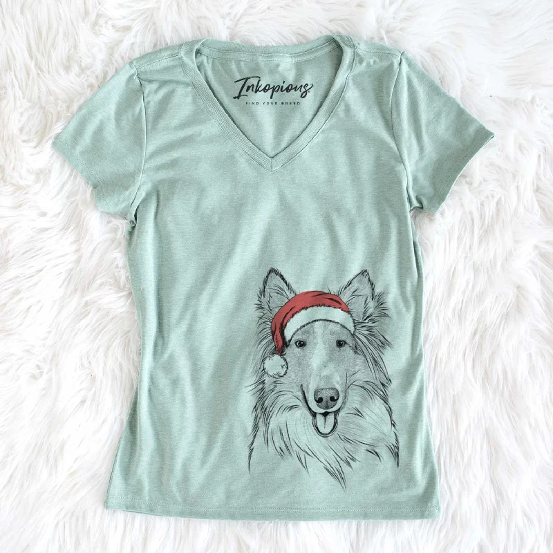 Santa Conrad the Rough Collie - Women's V-neck Shirt-- Cotton Fabric Linen Fabric Terry Fabric Santa Conrad the Rough Collie - Women's V-neck Shirt-- Cotton Fabric Linen Fabric Terry Fabric