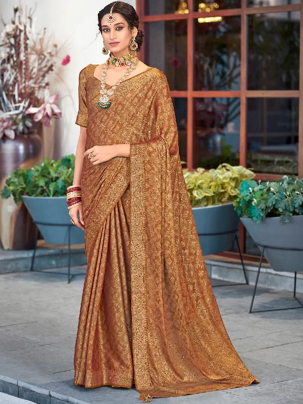 Women's Pure Silk Brown Embellished Designer Saree With Blouse Piece Casual Relaxed Fit Blouse Women's Pure Silk Brown Embellished Designer Saree With Blouse Piece Casual Relaxed Fit Blouse