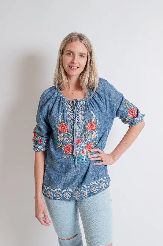 "Pola" Denim Blouse Semi-Sheer Blouse