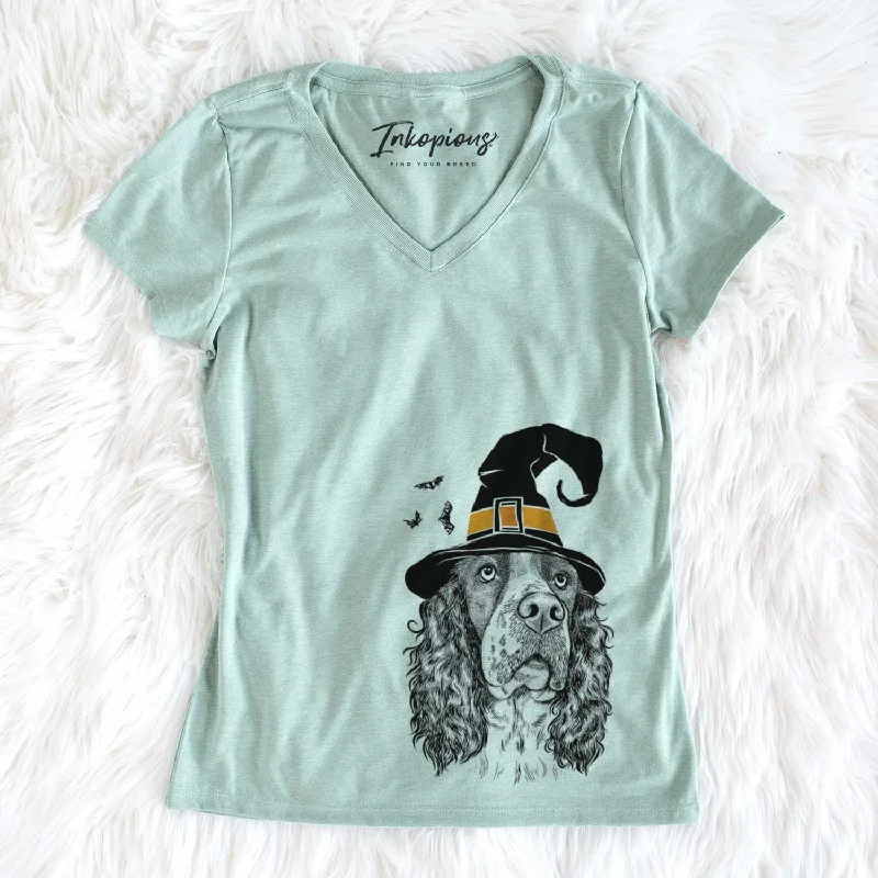 Witch Millie Mae the English Springer Spaniel - Women's V-neck Shirt-- Real Fur Shearling Chenille Witch Millie Mae the English Springer Spaniel - Women's V-neck Shirt-- Real Fur Shearling Chenille