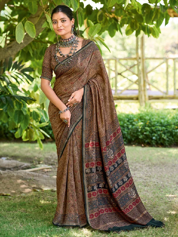 Women's Cotton Brown Printed Designer Saree With Blouse Piece Everyday Stylish Blouse Women's Cotton Brown Printed Designer Saree With Blouse Piece Everyday Stylish Blouse