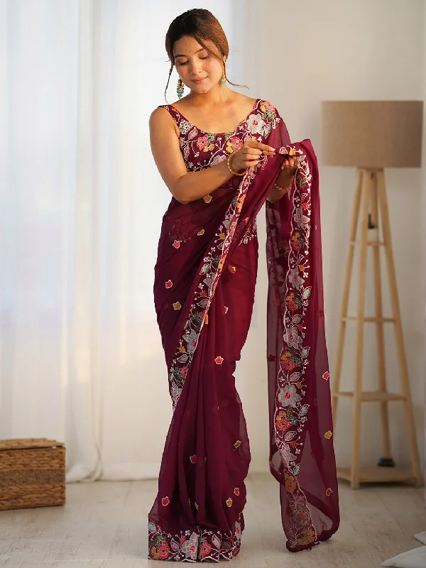 Women's Georgette Magenta Embellished Designer Saree With Blouse Piece Flowy Bohemian Blouse Women's Georgette Magenta Embellished Designer Saree With Blouse Piece Flowy Bohemian Blouse