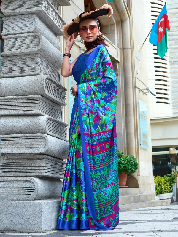 Women's Crepe Navy Blue Printed Designer Saree With Blouse Piece Ruffled Neck Blouse Women's Crepe Navy Blue Printed Designer Saree With Blouse Piece Ruffled Neck Blouse