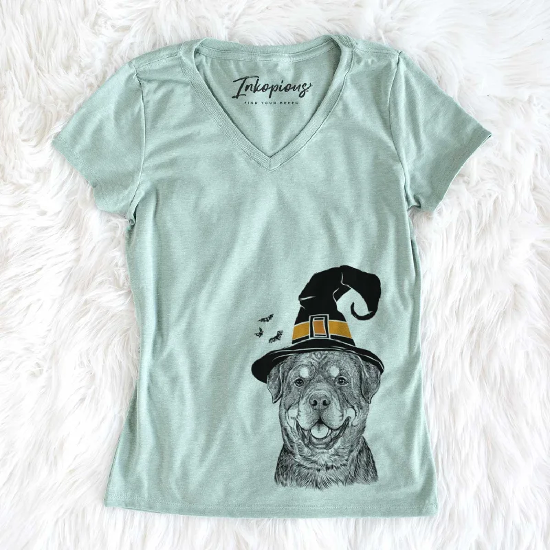 Witch Sig the Rottweiler - Women's V-neck Shirt-- Plaid T-Shirt Polka Dot Checkered