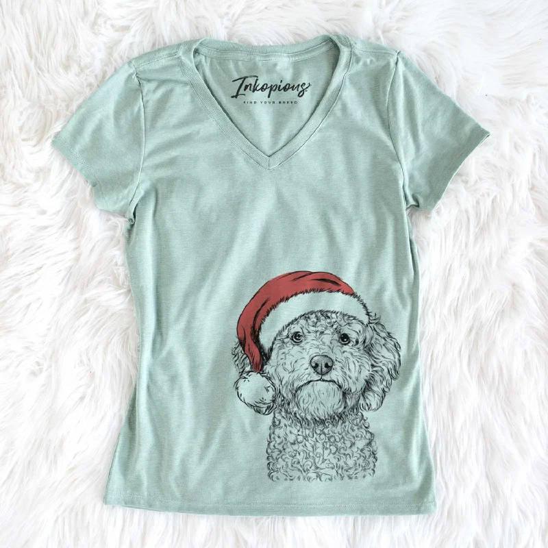 Santa Edgar the Shihpoo - Women's V-neck Shirt-- Plaid T-Shirt Polka Dot Checkered