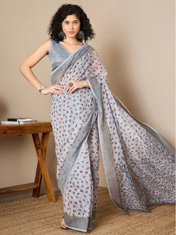 Women's Linen Grey Printed Ready to Wear With Blouse Piece Peter Pan Collar Blouse