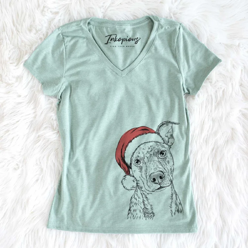 Santa Bianca the Mixed Breed - Women's V-neck Shirt-- Denim Fabric Leather Fabric Suede Fabric Santa Bianca the Mixed Breed - Women's V-neck Shirt-- Denim Fabric Leather Fabric Suede Fabric