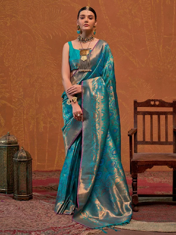 Women's Silk Blend Teal blue Woven Design Designer Saree With Blouse Piece Satin Bow Blouse Women's Silk Blend Teal blue Woven Design Designer Saree With Blouse Piece Satin Bow Blouse