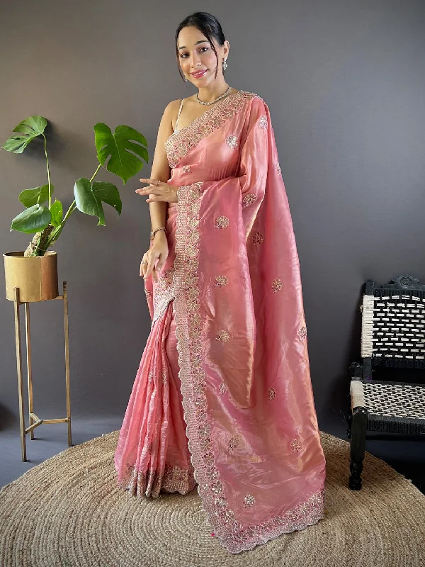 Women's Paper Silk Peach Embellished Designer Saree With Blouse Piece Versatile Layering Blouse Women's Paper Silk Peach Embellished Designer Saree With Blouse Piece Versatile Layering Blouse