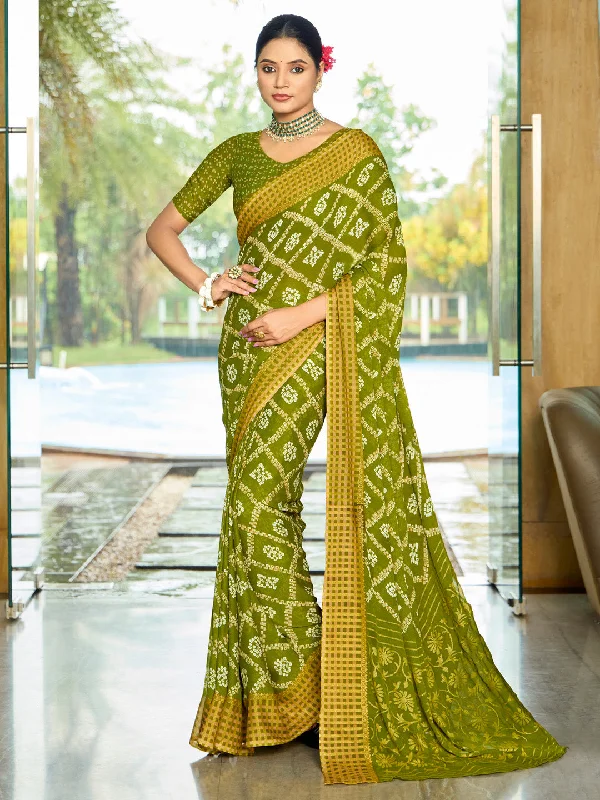 Women's Georgette Green Printed Designer Saree With Blouse Piece Romantic Lace Blouse