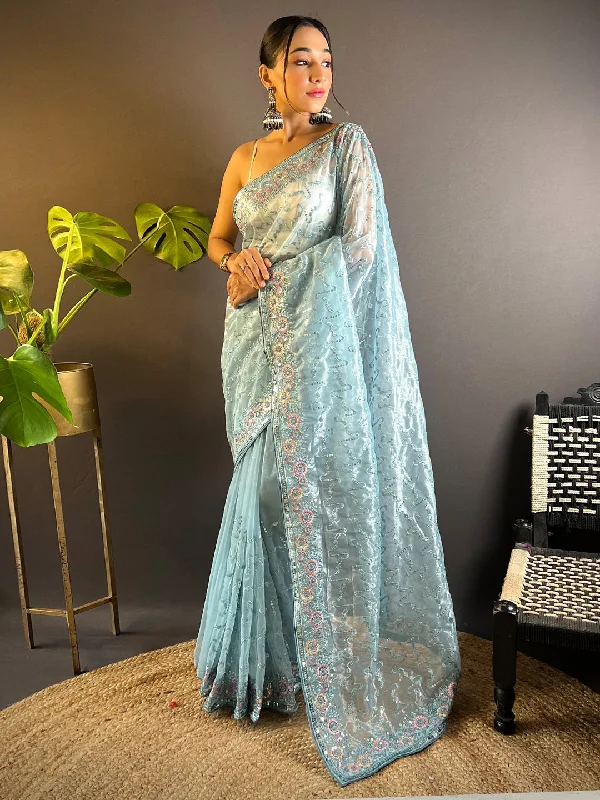 Women's Tissue Light Blue Embellished Designer Saree With Blouse Piece Gathered Detail Blouse Women's Tissue Light Blue Embellished Designer Saree With Blouse Piece Gathered Detail Blouse