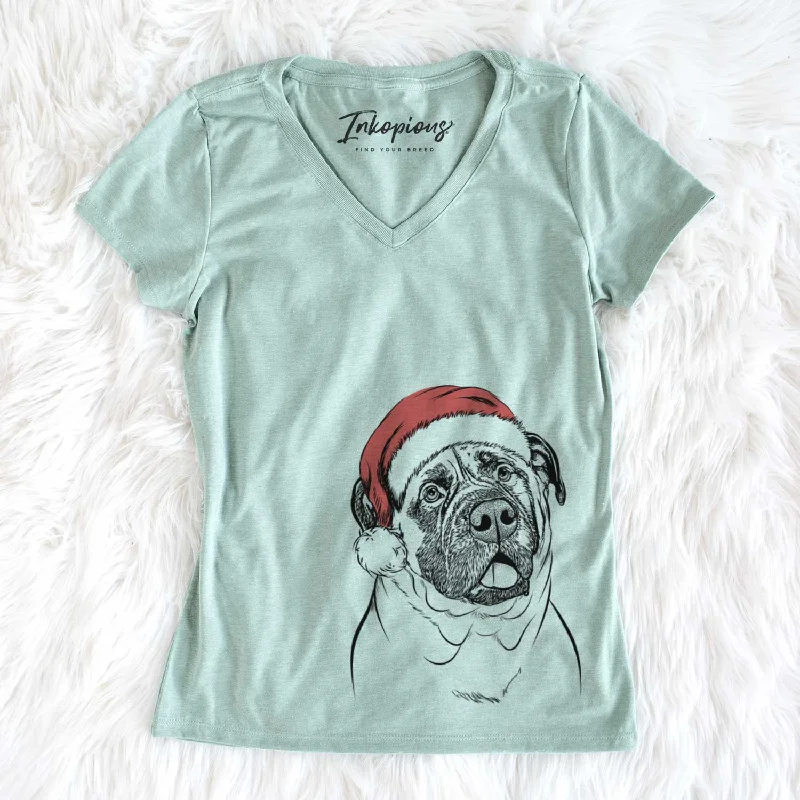 Santa Big P the English Mastiff - Women's V-neck Shirt-- Wool Fabric Cashmere Fabric Tweed Fabric Santa Big P the English Mastiff - Women's V-neck Shirt-- Wool Fabric Cashmere Fabric Tweed Fabric