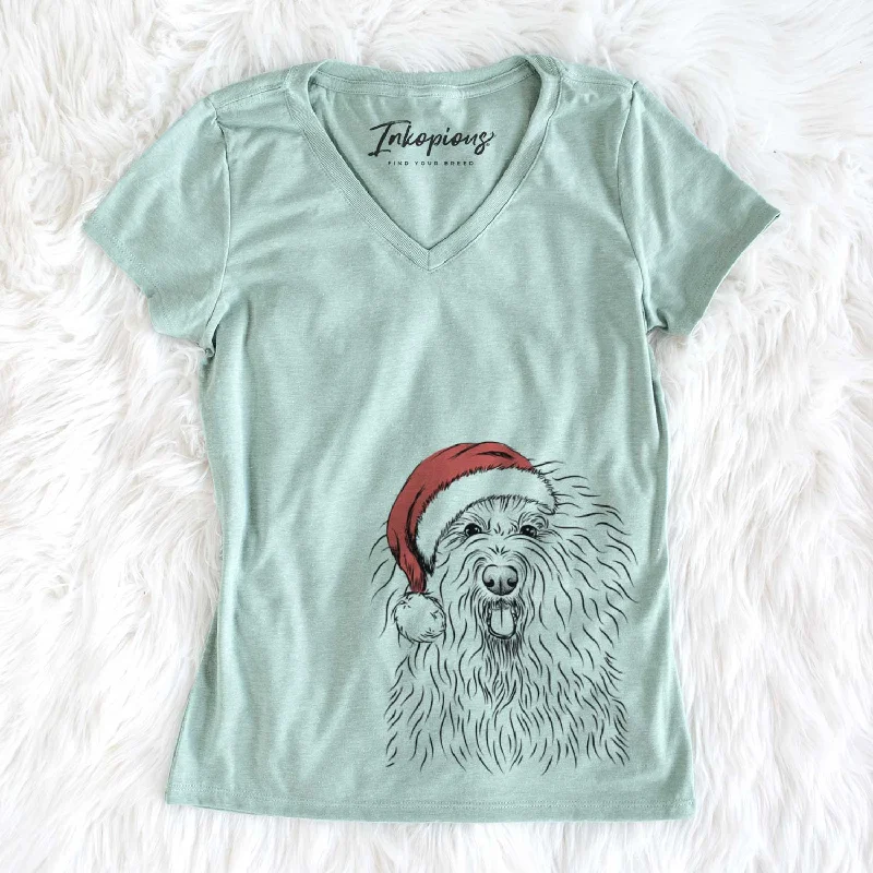 Santa Brody the Old English Sheepdog - Women's V-neck Shirt-- Beaded Sequined Faux Fur Santa Brody the Old English Sheepdog - Women's V-neck Shirt-- Beaded Sequined Faux Fur