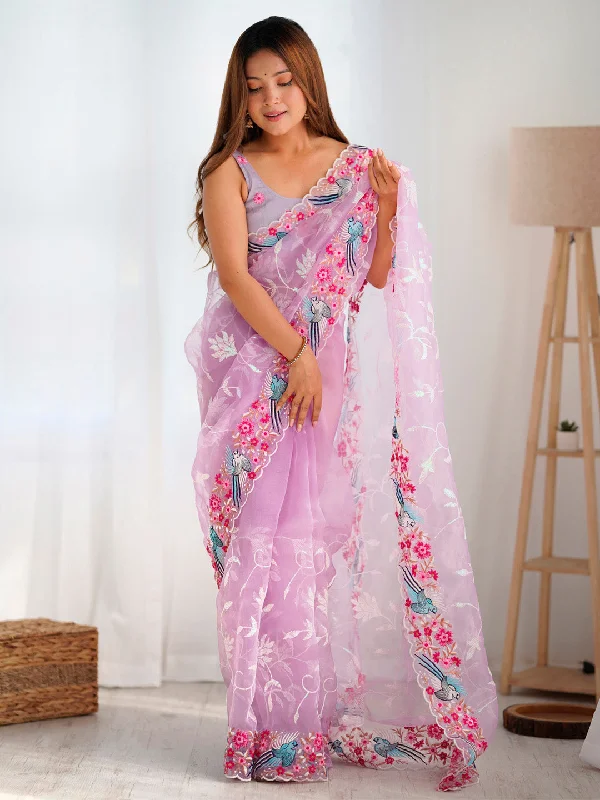 Women's Organza Lavender Embroidered Designer Saree With Blouse Piece Sleeveless Chiffon Blouse Women's Organza Lavender Embroidered Designer Saree With Blouse Piece Sleeveless Chiffon Blouse