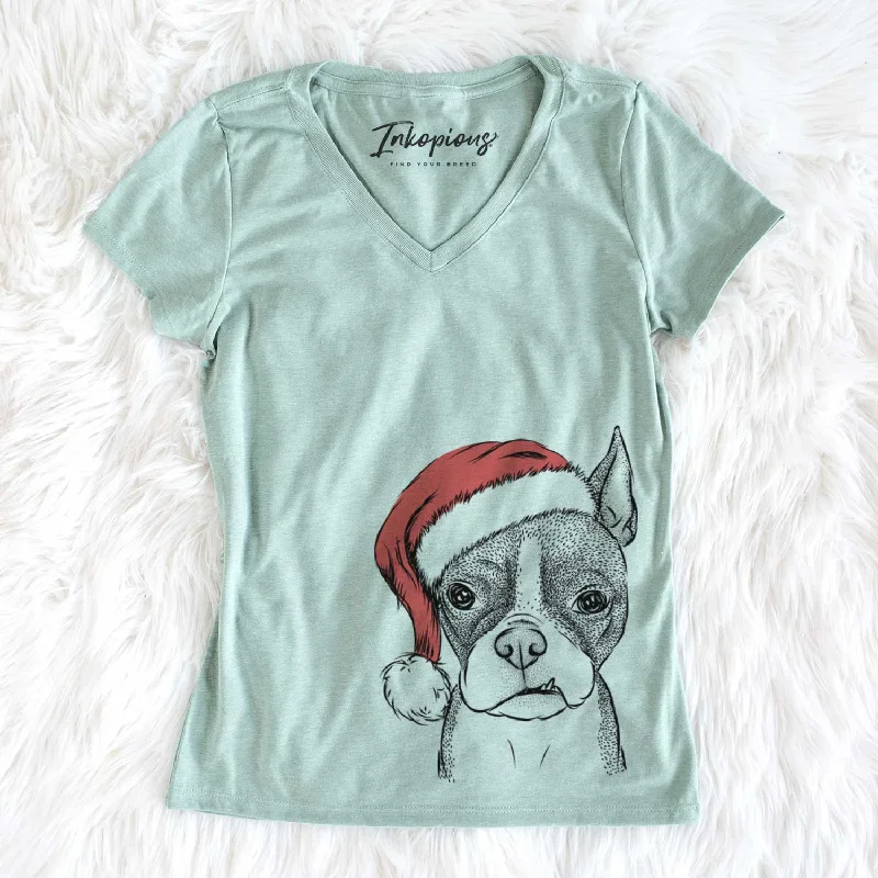 Santa Bean the Boston Terrier - Women's V-neck Shirt-- Ribbed T-Shirt High Neck Heavyweight Santa Bean the Boston Terrier - Women's V-neck Shirt-- Ribbed T-Shirt High Neck Heavyweight
