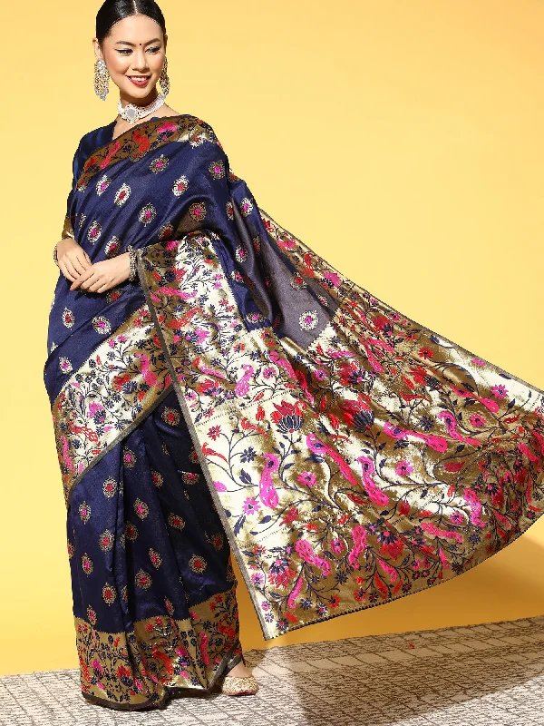 Women's Silk Blend Navy Blue Woven Design Celebrity Saree With Blouse Piece Stretchy Fitted Blouse Women's Silk Blend Navy Blue Woven Design Celebrity Saree With Blouse Piece Stretchy Fitted Blouse
