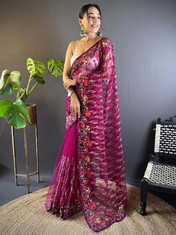 Women's Net Magenta Embellished Designer Saree With Blouse Piece Chic Sleeveless Blouse Women's Net Magenta Embellished Designer Saree With Blouse Piece Chic Sleeveless Blouse