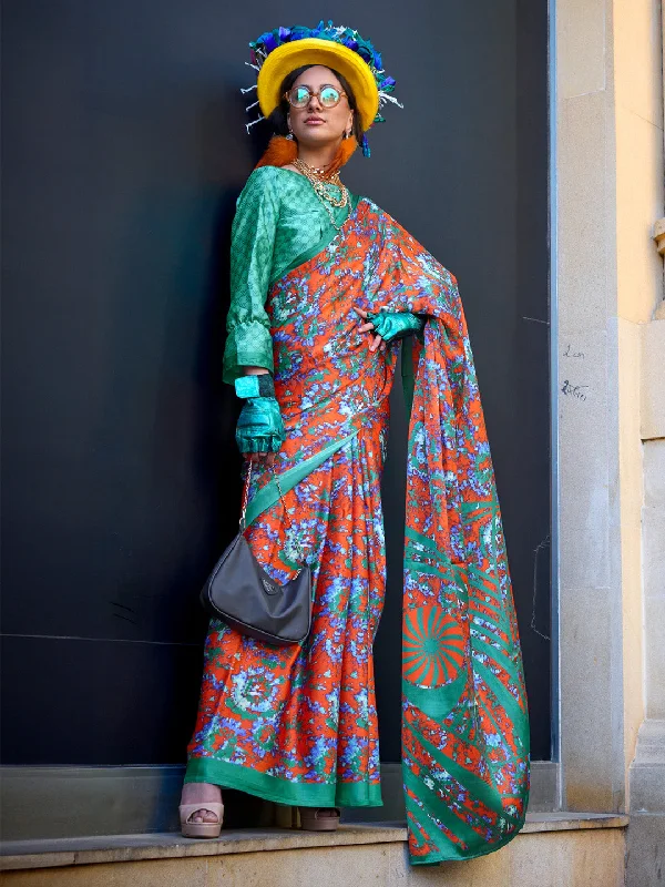 Women's Crepe Turquoise Printed Designer Saree With Blouse Piece Elegant Lace Blouse Women's Crepe Turquoise Printed Designer Saree With Blouse Piece Elegant Lace Blouse