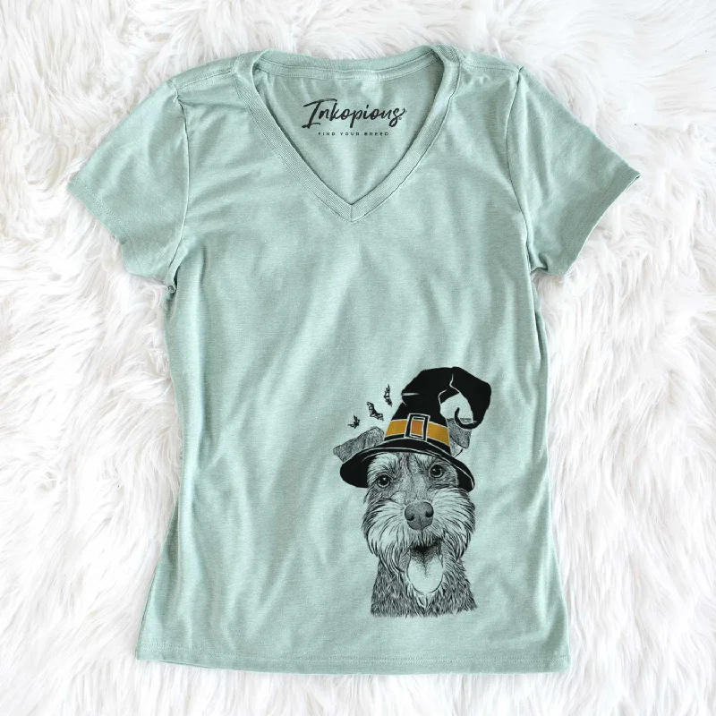 Witch Bernadette the Mini Schnauzer - Women's V-neck Shirt-- Lace Blend Ribbed Blend Corduroy Blend Witch Bernadette the Mini Schnauzer - Women's V-neck Shirt-- Lace Blend Ribbed Blend Corduroy Blend