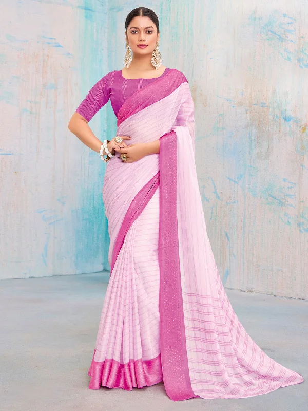Women's Pure Chiffon Pink Printed Designer Saree With Blouse Piece Elegant Lace Blouse Women's Pure Chiffon Pink Printed Designer Saree With Blouse Piece Elegant Lace Blouse