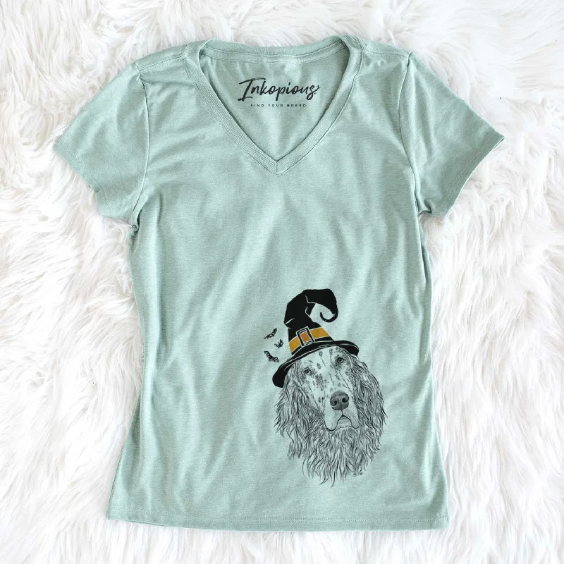 Witch Dexter the English Setter - Women's V-neck Shirt-- Nylon Fabric Polyester Fabric Spandex Fabric Witch Dexter the English Setter - Women's V-neck Shirt-- Nylon Fabric Polyester Fabric Spandex Fabric