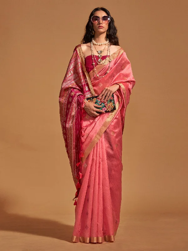 Women's Silk Blend Pink Woven Design Designer Saree With Blouse Piece Floral Chiffon Blouse Women's Silk Blend Pink Woven Design Designer Saree With Blouse Piece Floral Chiffon Blouse