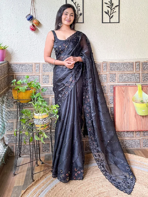 Women's Organza Black Embellished Designer Saree With Blouse Piece Frilled Cuff Blouse Women's Organza Black Embellished Designer Saree With Blouse Piece Frilled Cuff Blouse