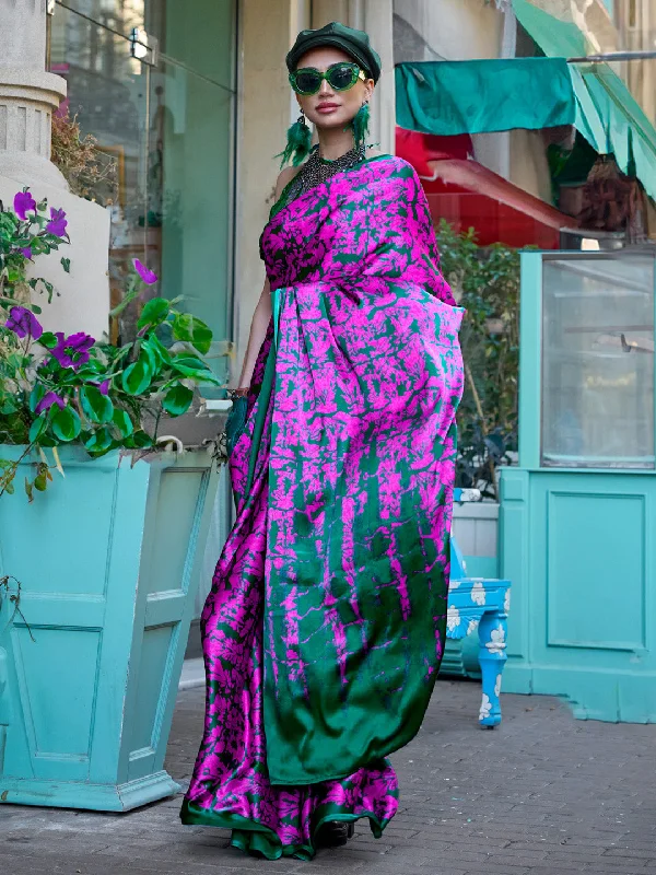 Women's Crepe Green Printed Designer Saree With Blouse Piece Pleated Collar Blouse