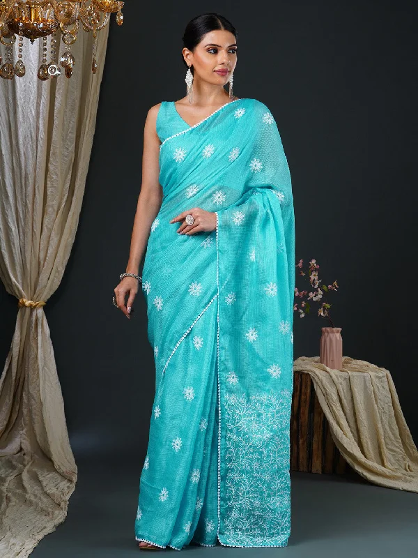 Women's Kota Doria Cotton Light Blue Embroidered Designer Saree With Blouse Piece Flowy Bohemian Blouse Women's Kota Doria Cotton Light Blue Embroidered Designer Saree With Blouse Piece Flowy Bohemian Blouse