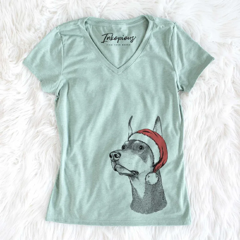 Santa Cenza the Doberman Pinscher - Women's V-neck Shirt-- Solid Color Striped Floral Santa Cenza the Doberman Pinscher - Women's V-neck Shirt-- Solid Color Striped Floral