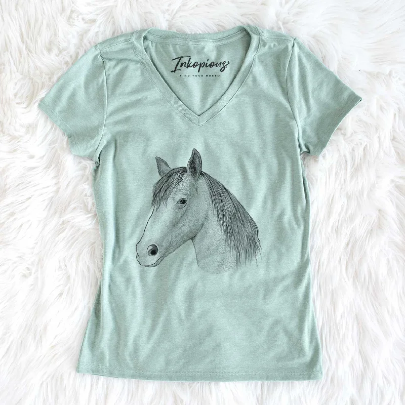 Bare Midnight the Missouri Foxtrotter Horse - Women's V-neck Shirt-- Zippered Buttoned Snapped Bare Midnight the Missouri Foxtrotter Horse - Women's V-neck Shirt-- Zippered Buttoned Snapped