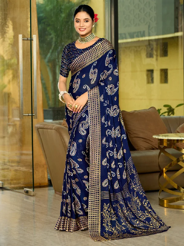 Women's Georgette Navy Blue Printed Designer Saree With Blouse Piece Satin Drape Blouse Women's Georgette Navy Blue Printed Designer Saree With Blouse Piece Satin Drape Blouse