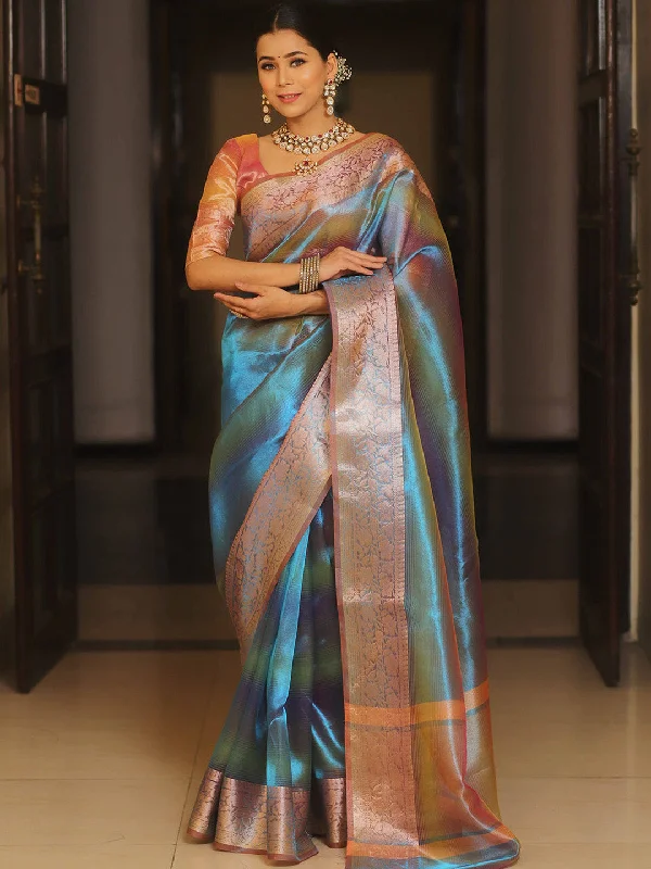 Women's Tissue Teal blue Woven Design Designer Saree With Blouse Piece Office Formal Blouse Women's Tissue Teal blue Woven Design Designer Saree With Blouse Piece Office Formal Blouse