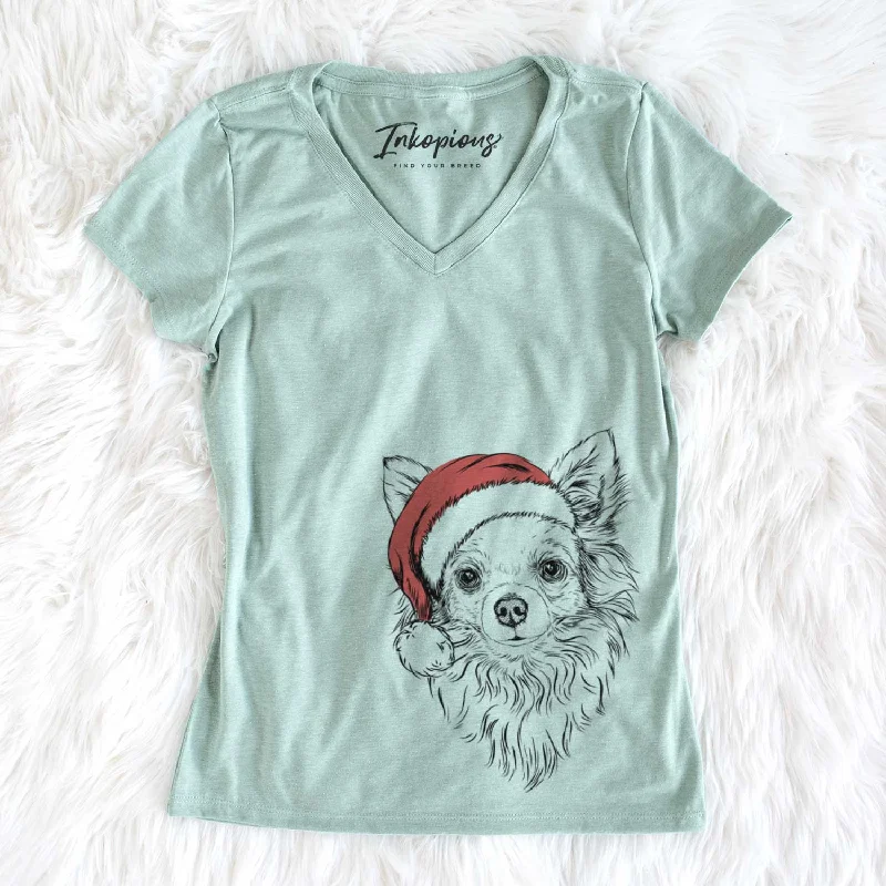 Santa Emma the Longhaired Chihuahua - Women's V-neck Shirt-- V-Neck T-Shirt Long Sleeve Cotton